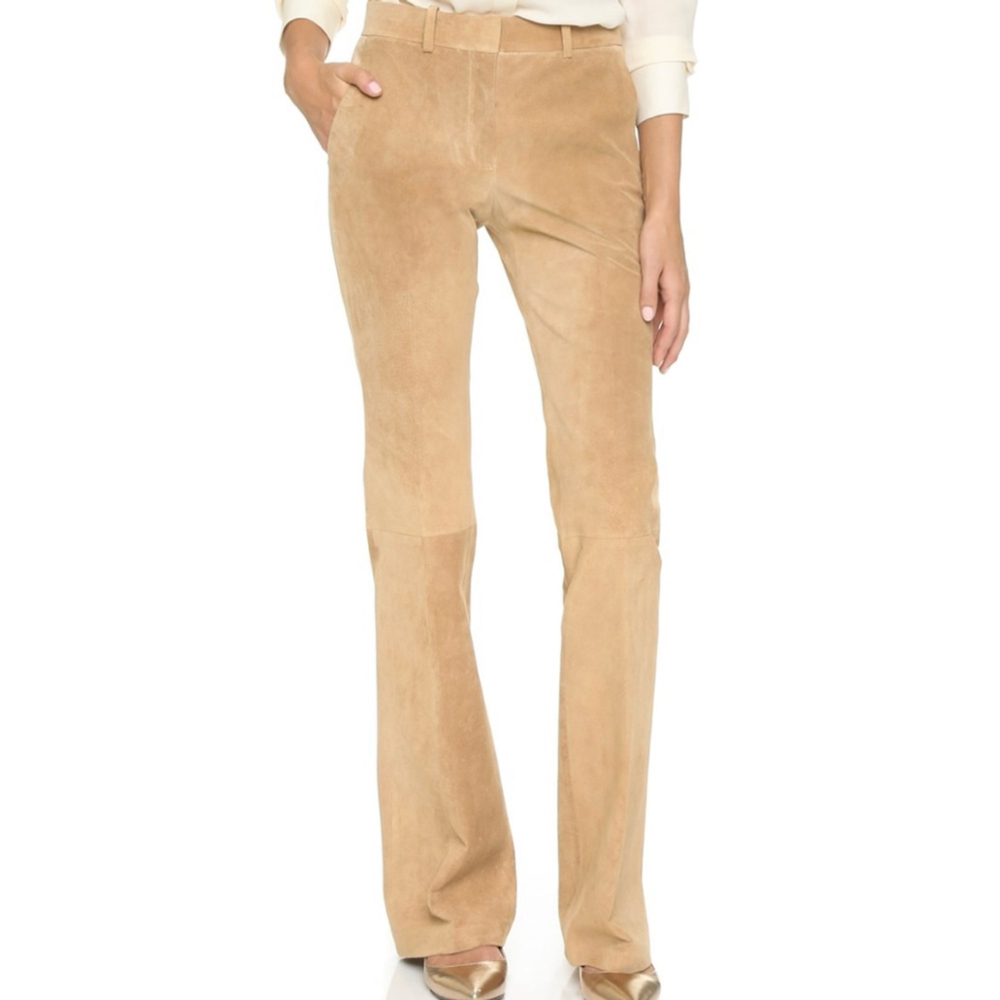 Vintage Y2K Women Leather Suede Pants Flare leg Tan Cream Scretch Pockets Sz 12